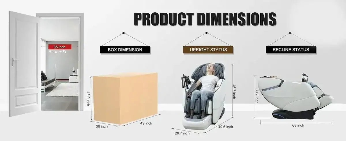 Dimensions of the De-Stress Lounge massage chair in seated and reclined positions